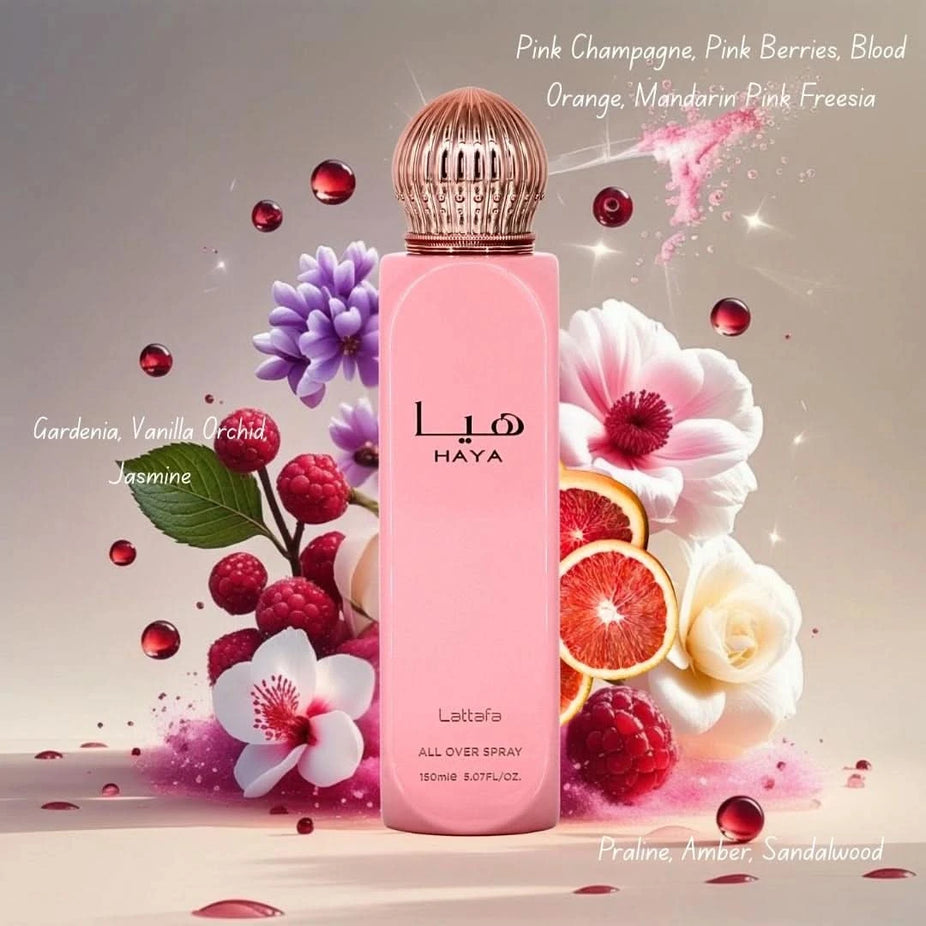 Lattafa Haya All Over Spray 150ml with floral and fresh scent, featuring a sleek bottle and spray nozzle.