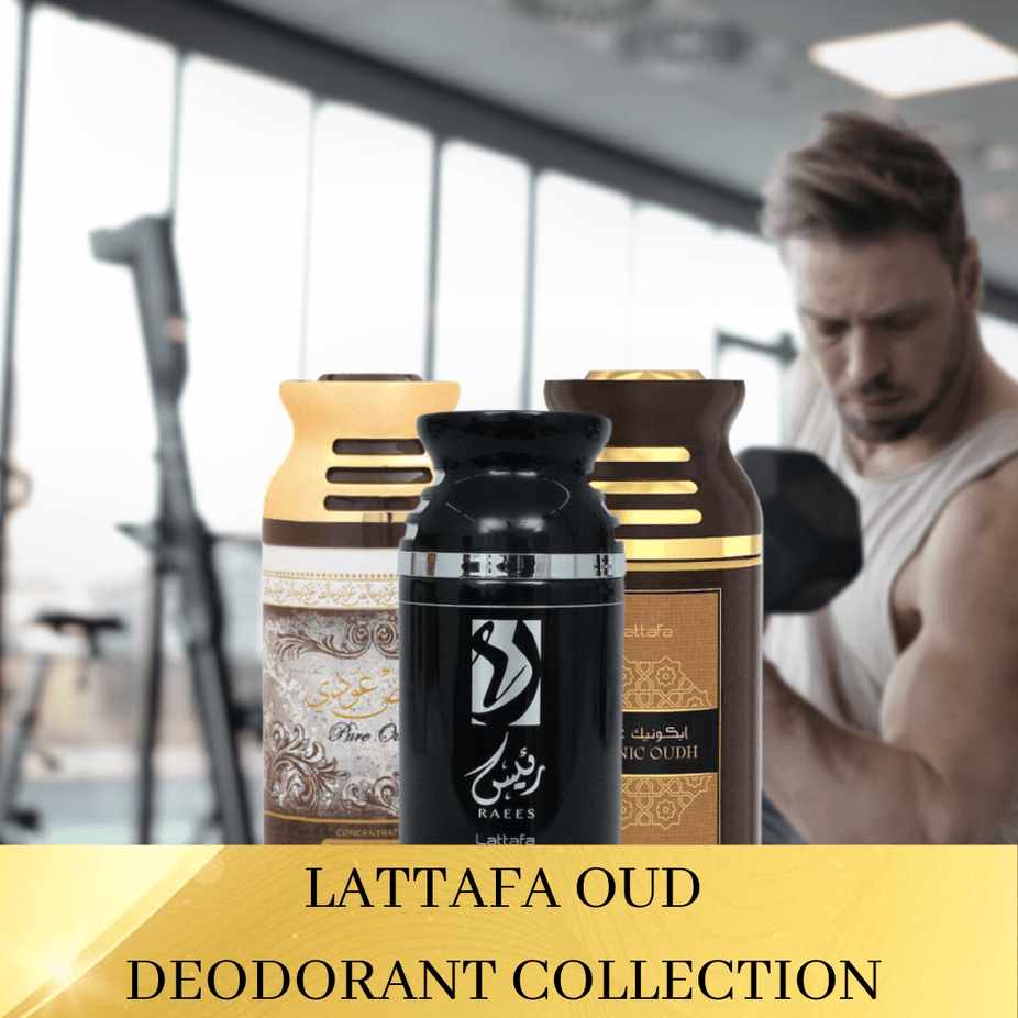 Lattafa Oud men's deodorant collection featuring Pure Oudi, Raaes, and Iconic Oudh in 250ml spray bottles.