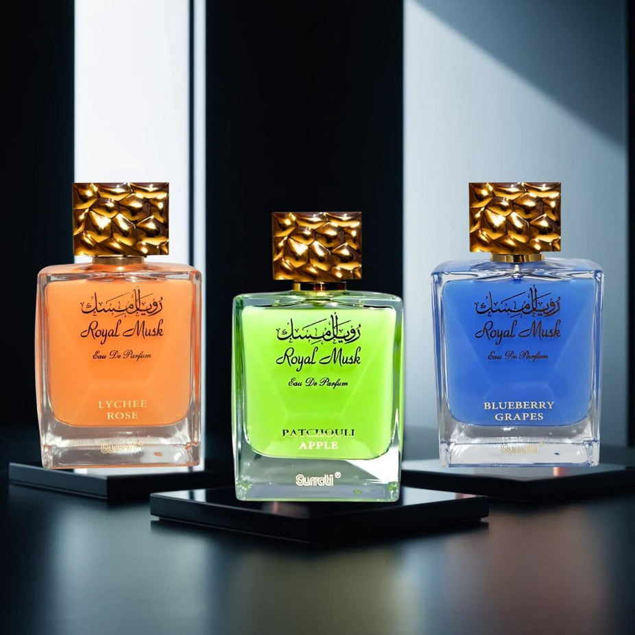 Surrati Royal Musk Blueberry Grapes, Patchouli Apple & Lychee Rose Eau de Parfum bundle with three 100ml spray bottles.