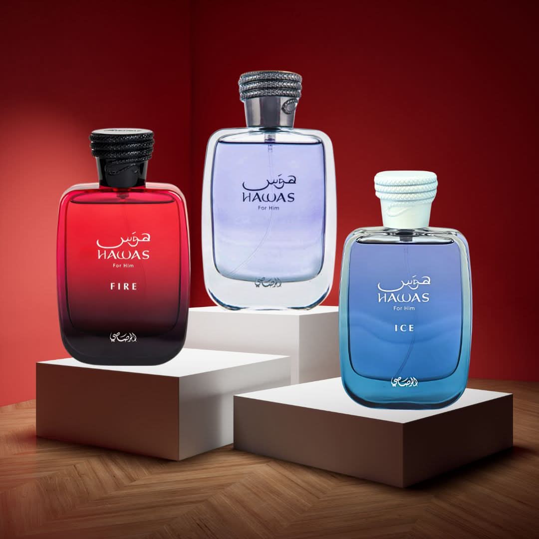 Rasasi Hawas Ice and Hawas Fire Eau de Parfum sprays in a 100ml value pack, featuring sleek bottles from the Hawas collection.
