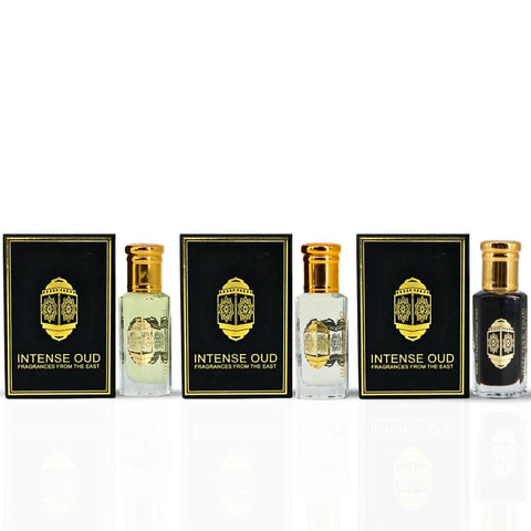 Lady Mile aphrodisiac and vanilla rose perfume oils bundle by Intense Oud in black gift box, includes three 12ml bottles.