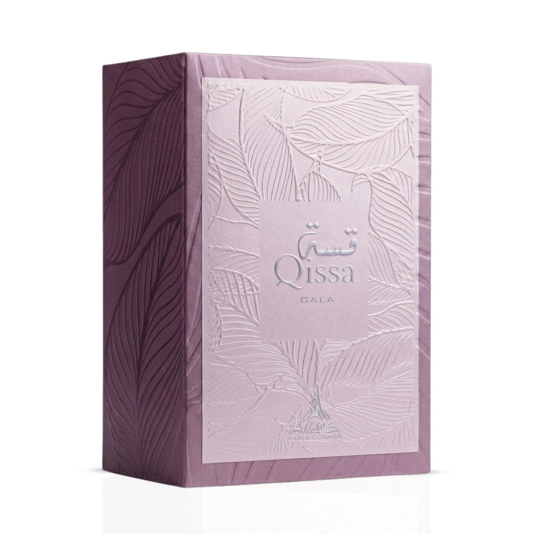 Paris Corner Qissa Gala Eau de Parfum spray 100ml bottle with elegant packaging and fragrance details visible.