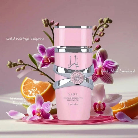 Lattafa Yara Concentrated Perfume Oil 20ml bottle with elegant packaging and dark glass container.