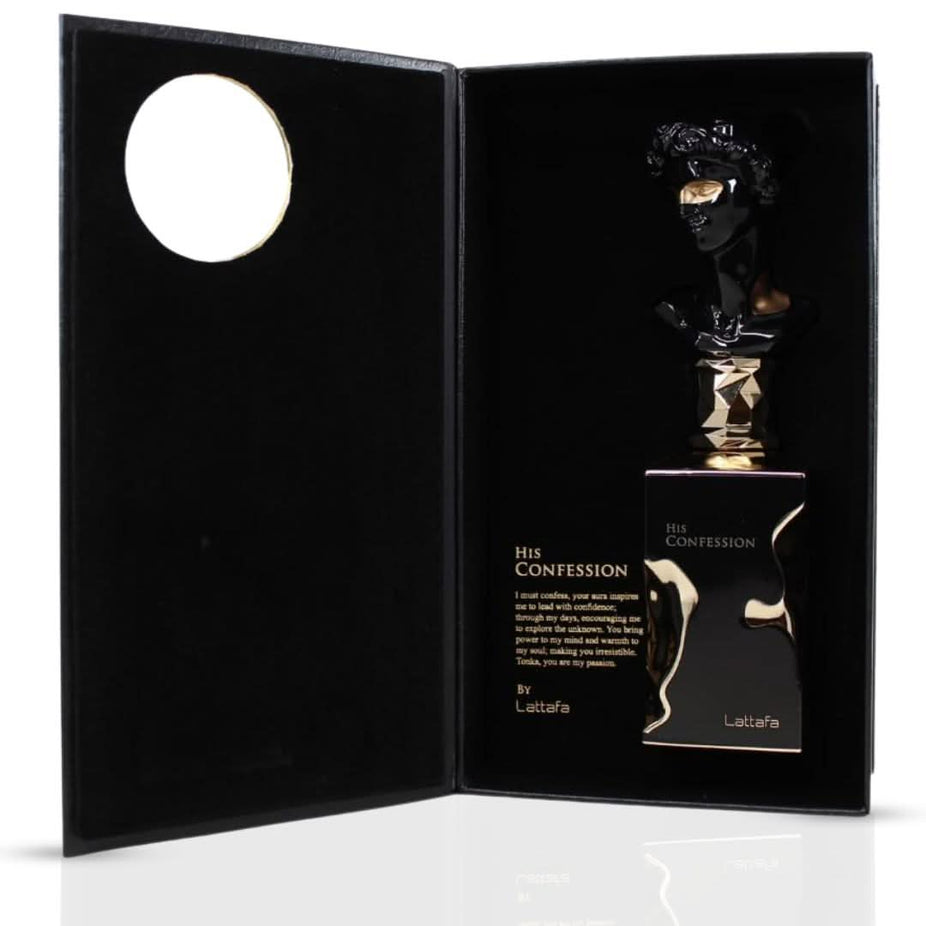 Lattafa His Confession Eau de Parfum spray bottle, 100ml, with elegant packaging and fragrance details visible.