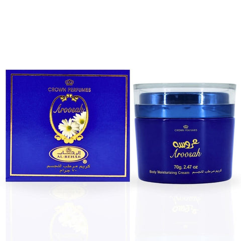 Al Rehab Aroosah Body Moisturizing Cream 70g jar with white lid and soft cream inside, placed on a neutral background.