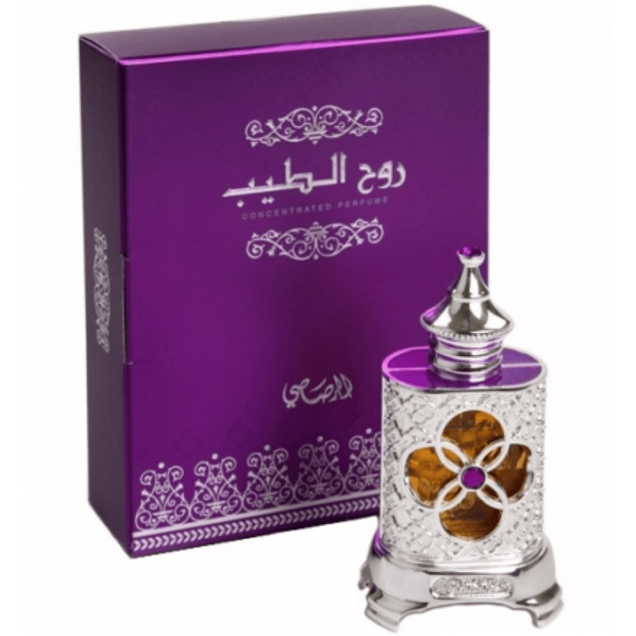 Ruh Al Teeb perfume oil by Rasasi in a 15ml bottle, concentrated perfume oil with elegant packaging visible in the image.