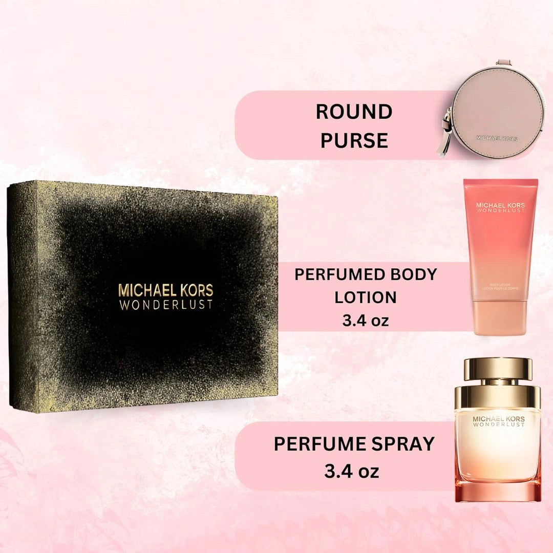 Michael Kors Wonderlust 3Pc Gift Set (3.4oz EDP Spray, 3.4oz Body Lotion, Round Purse) | Every Spritz, A First-Class Escape - Intense Oud
