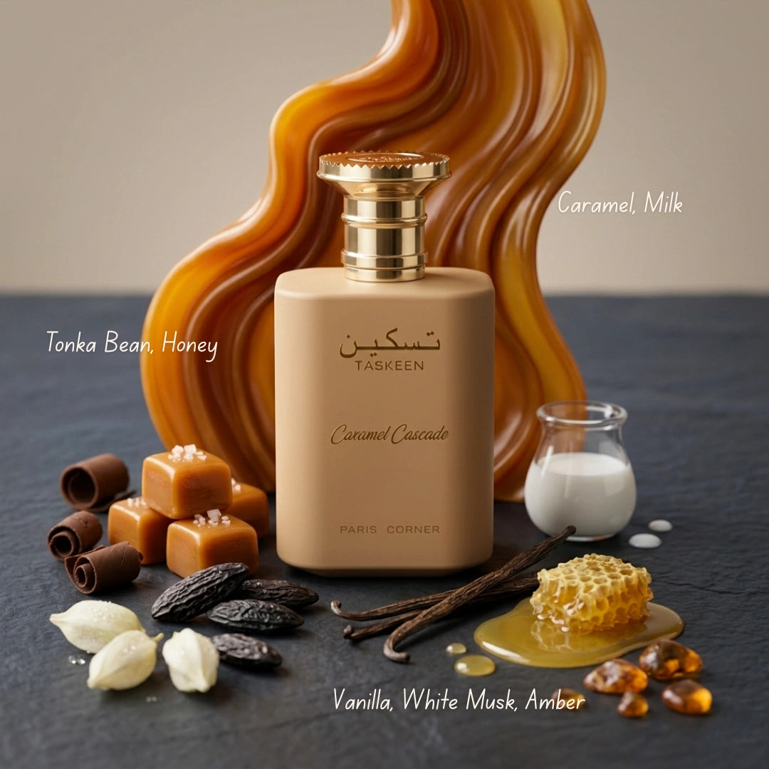 Intense Oud Royal Musk Caramel Toffee and Taskeen Caramel Cascade Eau de Parfum Spray bundle, 100ml each, featuring warm, sweet fragrances.