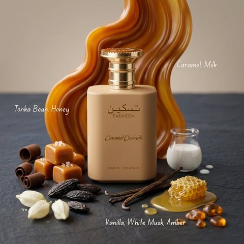 Intense Oud Royal Musk Caramel Toffee and Taskeen Caramel Cascade Eau de Parfum Spray bundle, 100ml each, featuring warm, sweet fragrances.