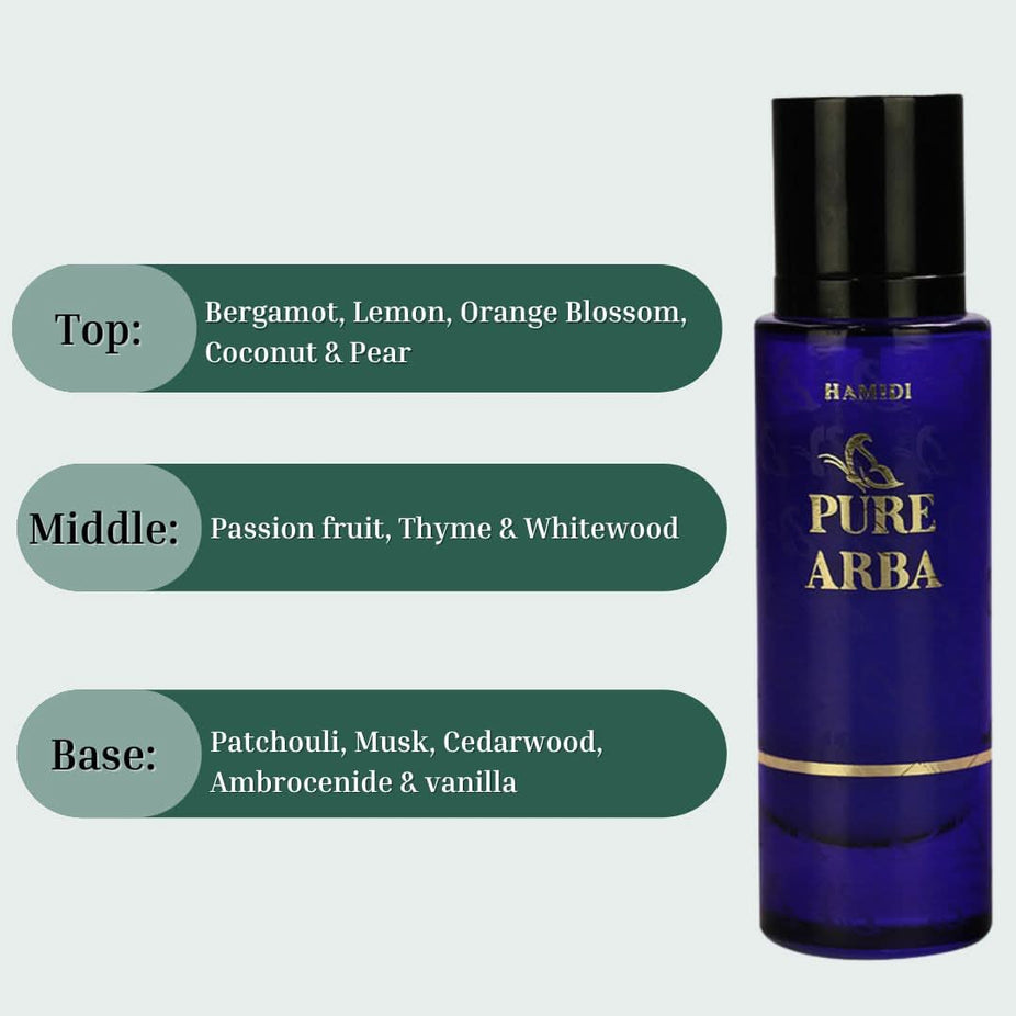 Hamidi PURE ARBA Water Perfume Spray 30ML bottle with elegant packaging and fragrance details in the image.