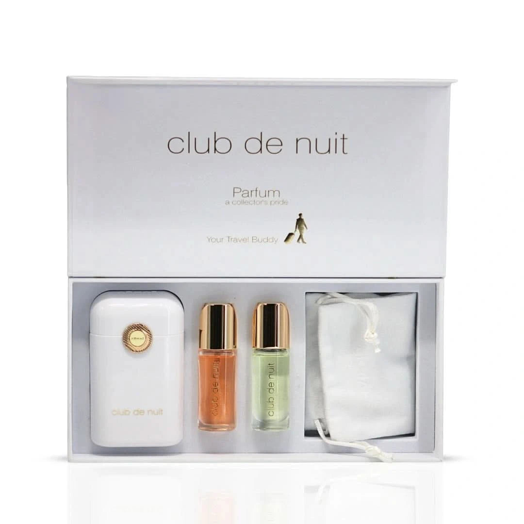 Armaf Club De Nuit Woman perfume travel set includes three 12ml bottles in a compact travel case.