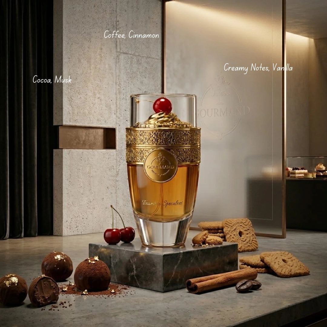 Bundle of Intense Oud Tiramisu Speculoos and Choco Musk Eau de Parfum sprays, 100ml each, featuring elegant perfume bottles.