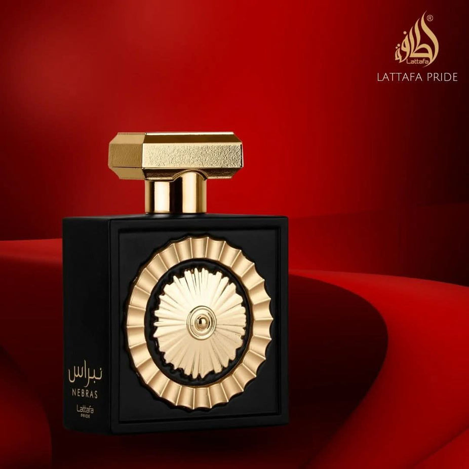 Bundle of Intense Oud Nebras Eau de Parfum 100ml by Lattafa and French Coffee Perfume Oil 6ml by Al Rehab, featuring elegant bottles.