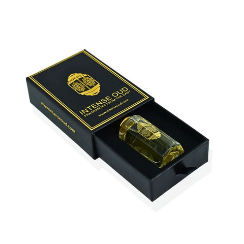 Casual Hangout perfume oil by Intense Oud in a 12ml black gift box, featuring a sleek loose oil bottle.