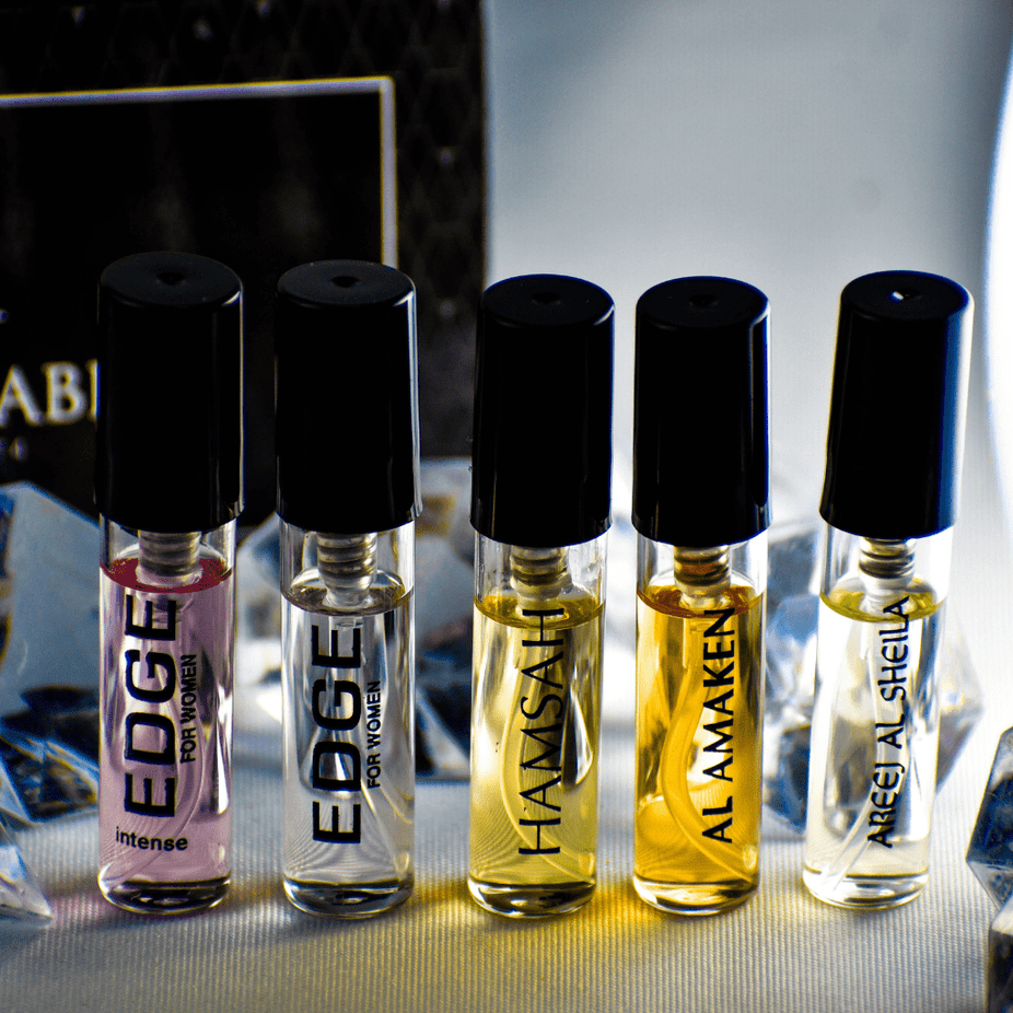 Swiss Arabian Edge Women and Hamsah fragrance samples, featuring Edge Intense Women and Areej Al Sheila scents.