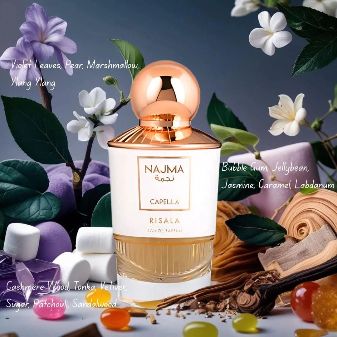 Riskala Najma Capella and Nova Eau de Parfum sprays in 100ml bundle, featuring elegant bottles of fragrance by Risala.
