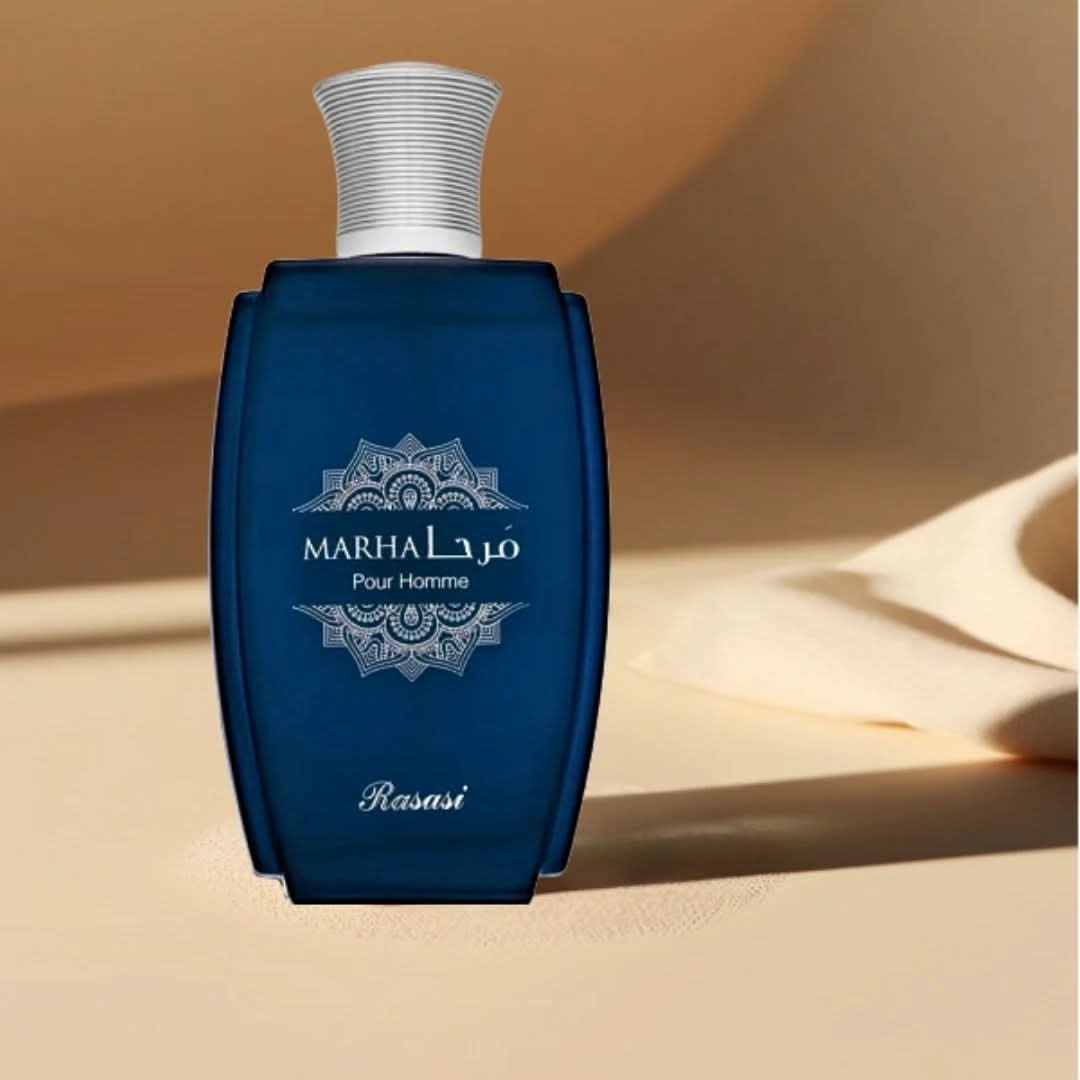 Rasasi Marha Pour Homme and Femme Eau de Parfum sprays in 100ml bundle, featuring sleek bottles with elegant designs.