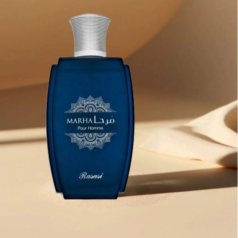 Rasasi Marha Pour Homme and Femme Eau de Parfum sprays in 100ml bundle, featuring sleek bottles with elegant designs.