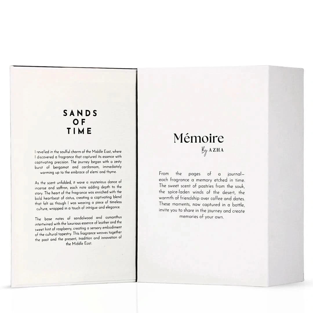Azha Sands of Time Extrait de Parfum Spray 100ml bottle from Memoire Collection, showcasing elegant packaging and fragrance.