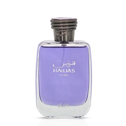 Rasasi Hawas for Men Eau de Parfum spray 100ml with velvet pouch, featuring sleek bottle and modern fragrance design.