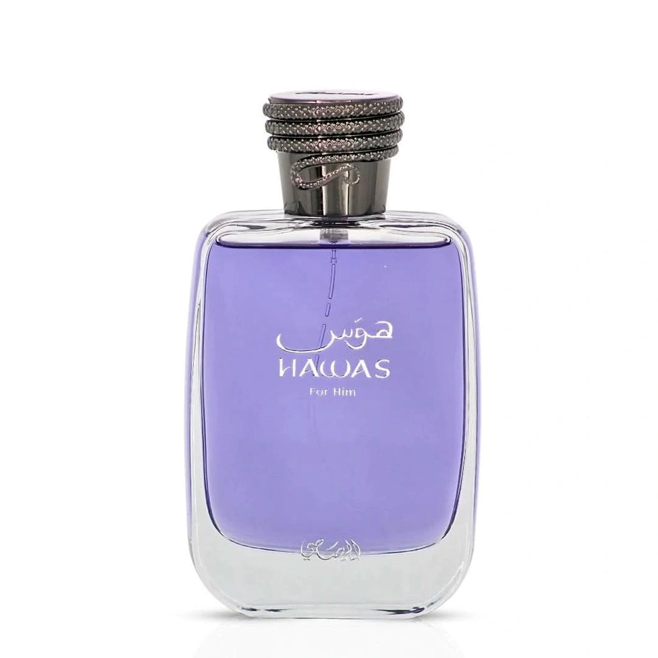 Rasasi Hawas for Men Eau de Parfum spray 100ml with velvet pouch, showcasing the sleek bottle and luxurious packaging.