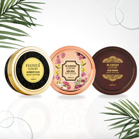 3PCS Luxury Body Butter Trio Gift Set Magnetic Box by Hamidi | Ultra Moisturizing, Skin-Nourishing, Naturally Derived Ingredients. (Pack Of 3) - Intense Oud