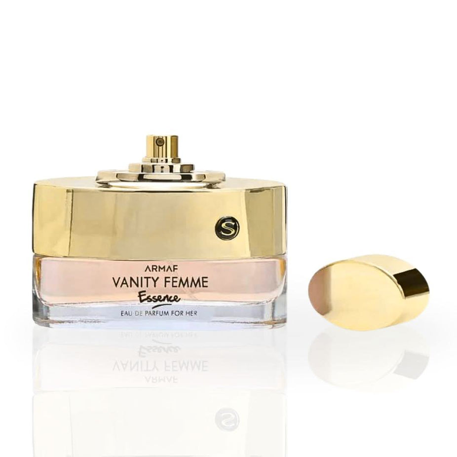 Armaf Vanity Femme Essence EDP spray 100ml bottle with elegant packaging, showcasing a luxurious fragrance for women.