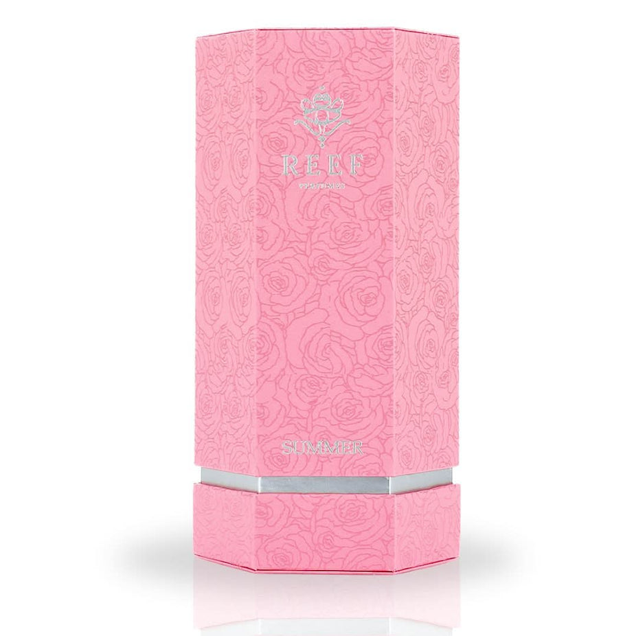 Summer Pink EDP by Reef Perfumes, 100ml Eau De Parfum bottle with a sleek design and a luxurious, long-lasting floral fragrance.