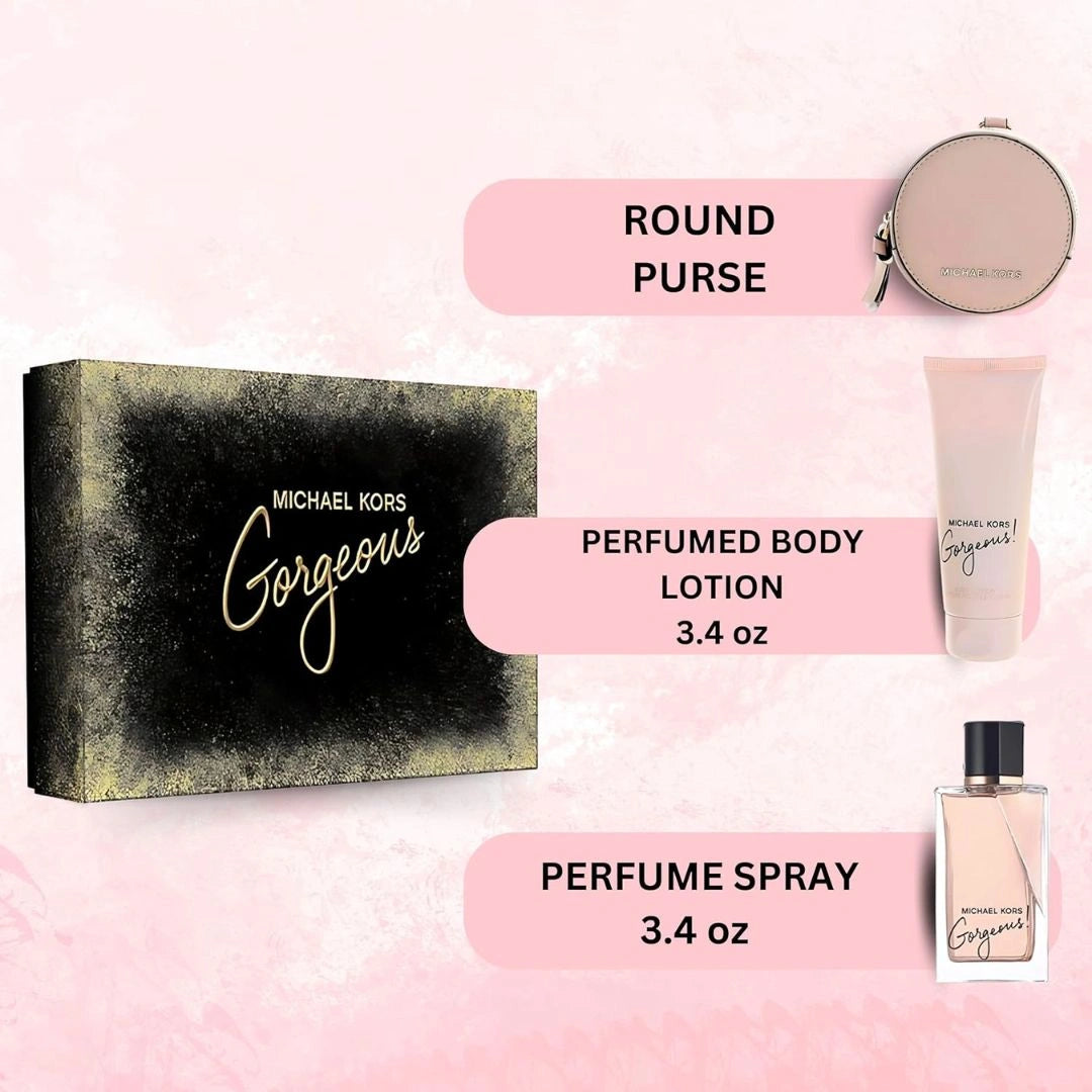 Michael Kors Gorgeous 3Pc Gift Set (3.4oz EDP Spray, 3.4oz Body Lotion & Round Purse) | The Ultimate Luxury Trio: Perfume, Pampering & Purse - Intense Oud