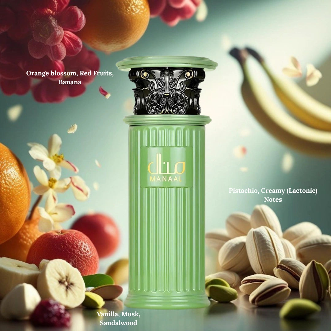Intense Oud The Pompous Pistachio Bundle with Lattafa Eclaire Pistache, Paris Corner Nada Whimsical, and Ard Al Zaafaran Manaal Eau de Parfum sprays.