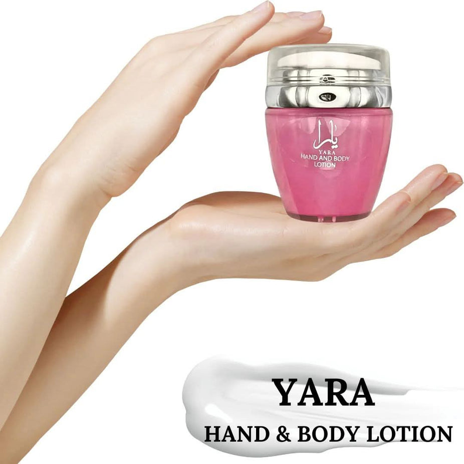 Bundle of Ard Al Zaafaran Yara & Bint Hooran hand and body lotion bottles, 45ml each, with floral and luxurious packaging.