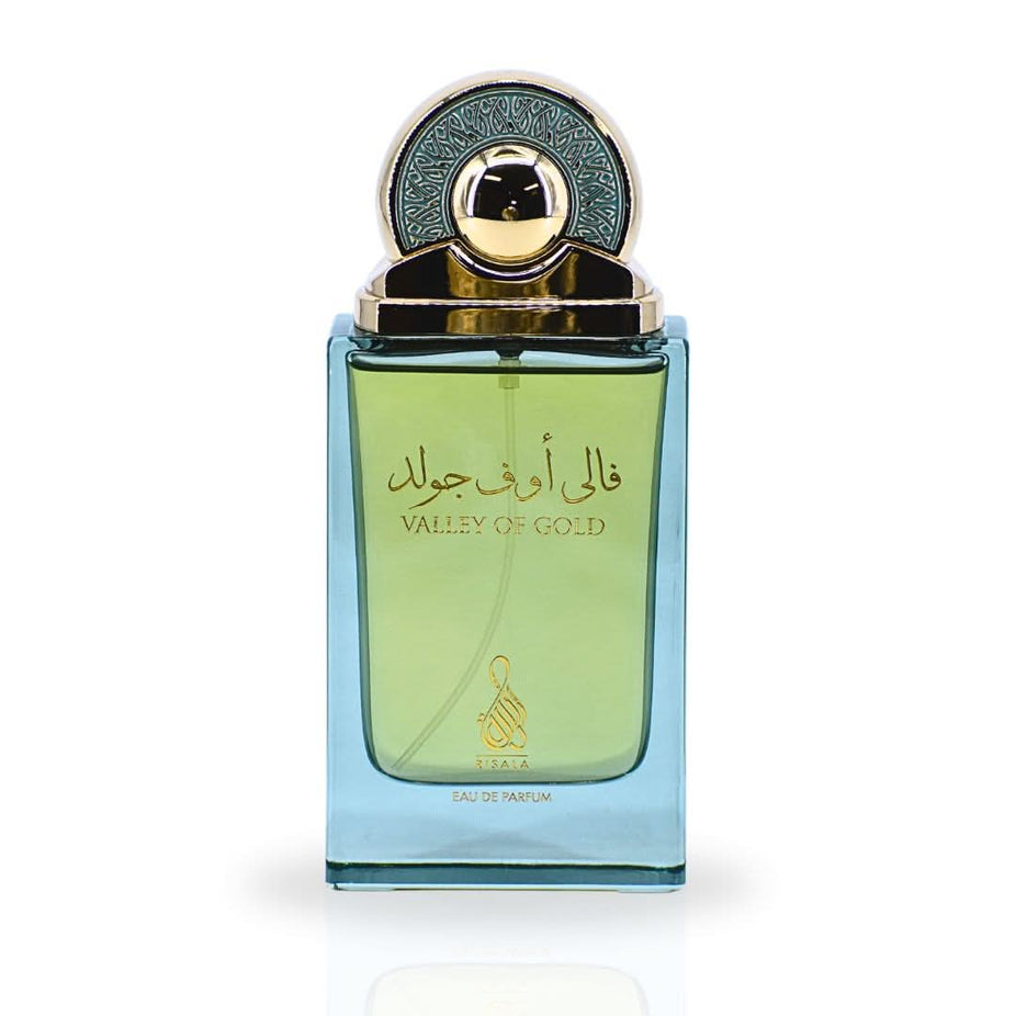 Valley of Gold Eau de Parfum spray by RISALA, 100ml bottle with elegant packaging, showcasing luxurious fragrance design.