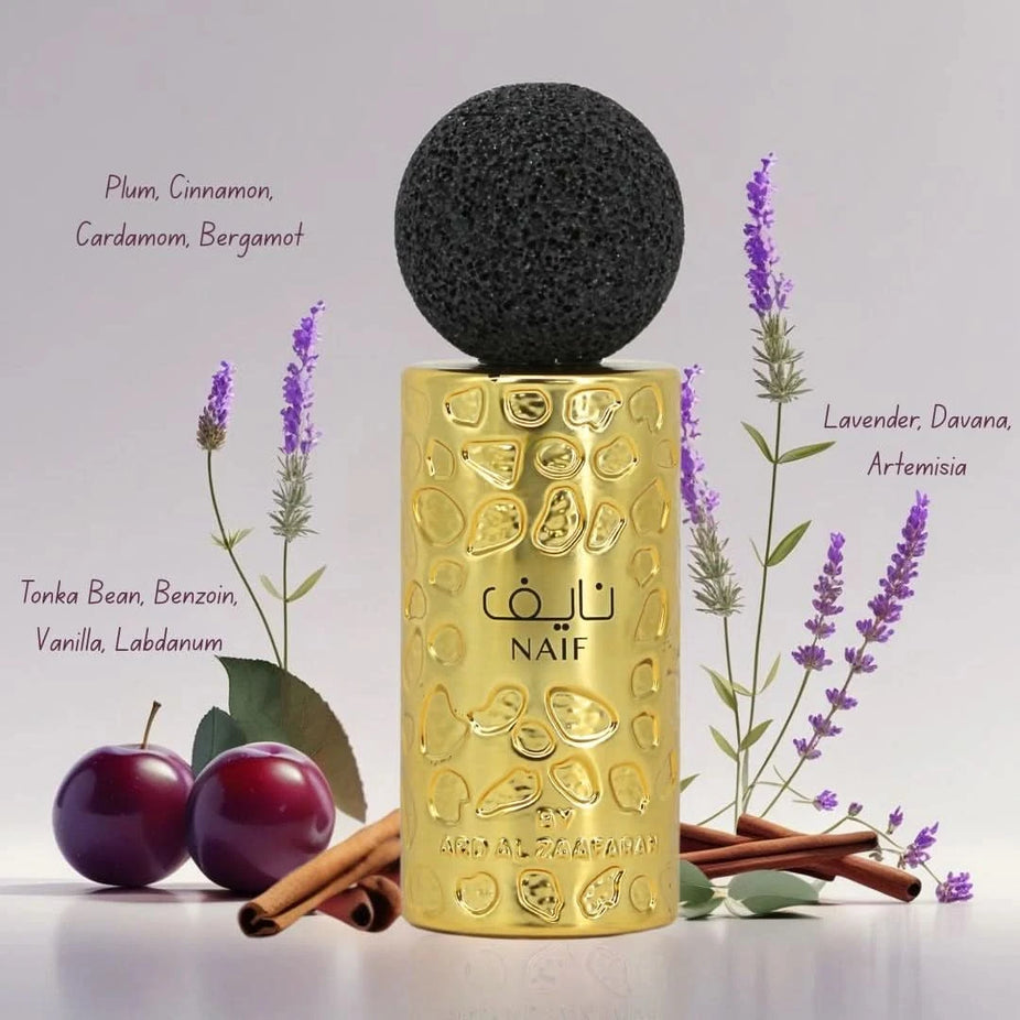 Lattafa Naif and Artisian Ethnique Eau de Parfums with Nouf Perfume Oil in Rocco’s Date Night Bundle, showcasing bottles and packaging.