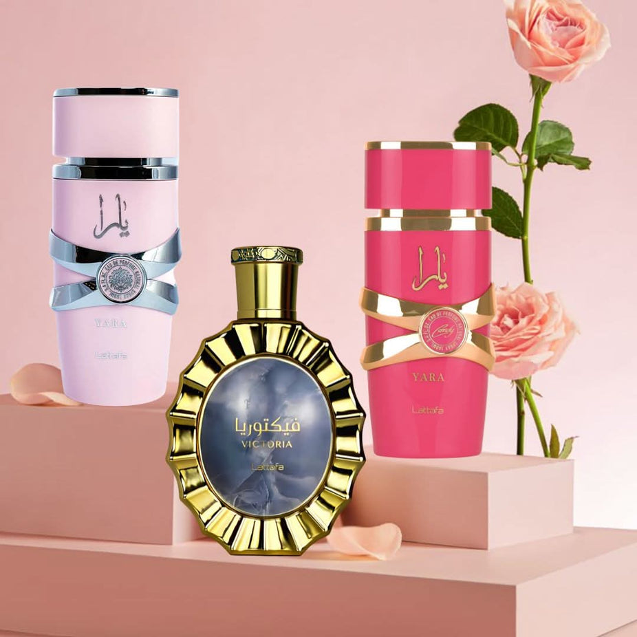 Lattafa Yara, Yara Candy, Victoria Eau de Parfum sprays in 100ml bundle, featuring sleek bottles with elegant design.