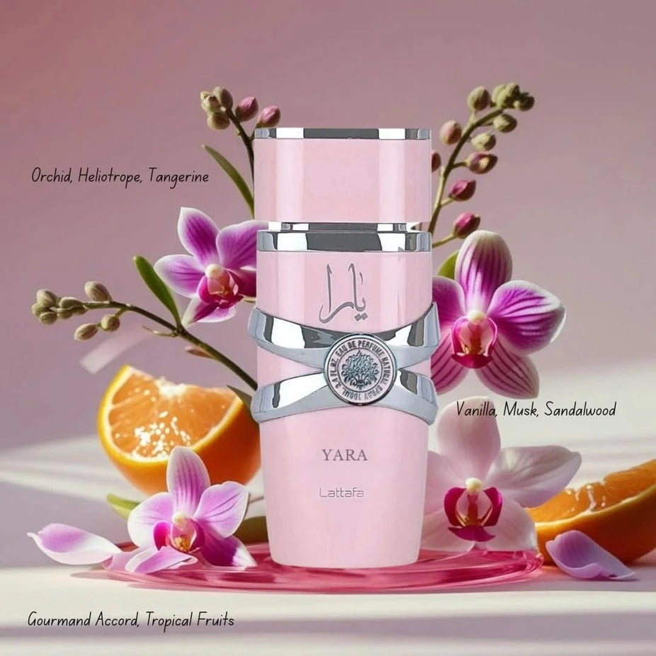Bundle of Lattafa Yara and Yara Elixir 100ml and Asdaaf Raneen 80ml Eau De Parfum Spray bottles, showing the fragrance packaging