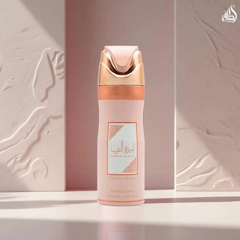 Lattafa Ameerat Al Arab Prive Rose Deodorant Spray 200ml, floral fragrance in a sleek spray bottle.