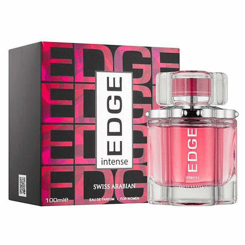 Swiss Arabian Edge Intense Eau De Parfum couple set for men and women, 100ml bottles, stylish packaging, and elegant design.