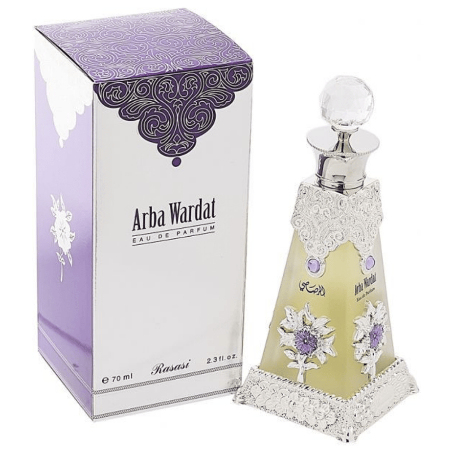 Rasasi Arba Wardat EDP Eau De Parfum 70ml bottle with elegant floral and woody fragrance design