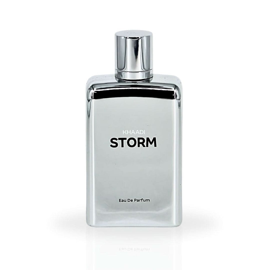 Khaadi Storm Eau de Parfum spray bottle, 100ml, with elegant packaging and transparent glass design.