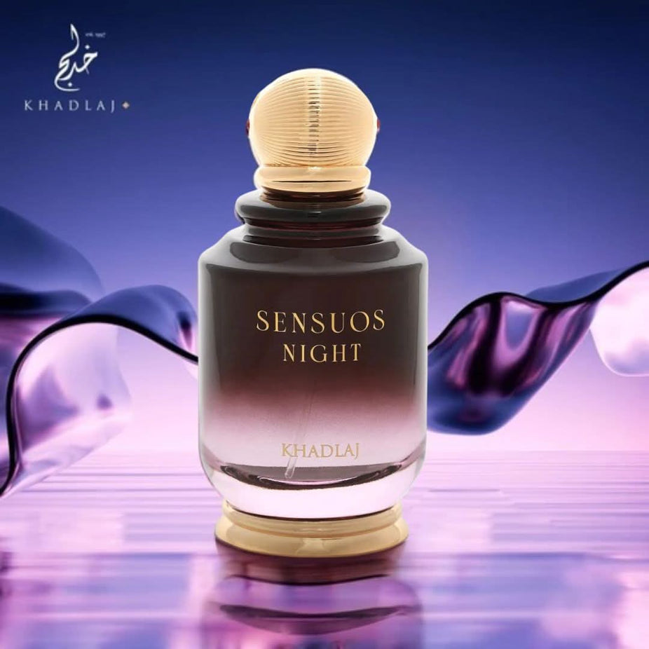 Sensuos Night & Oud Noir Eau de Parfum spray by Khadlaj, 100ml bottle with sleek black packaging and elegant design.