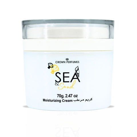 Sea & Sand Moisturizing Body Cream by Al Rehab in a 70g jar, showcasing the creamy texture and packaging.