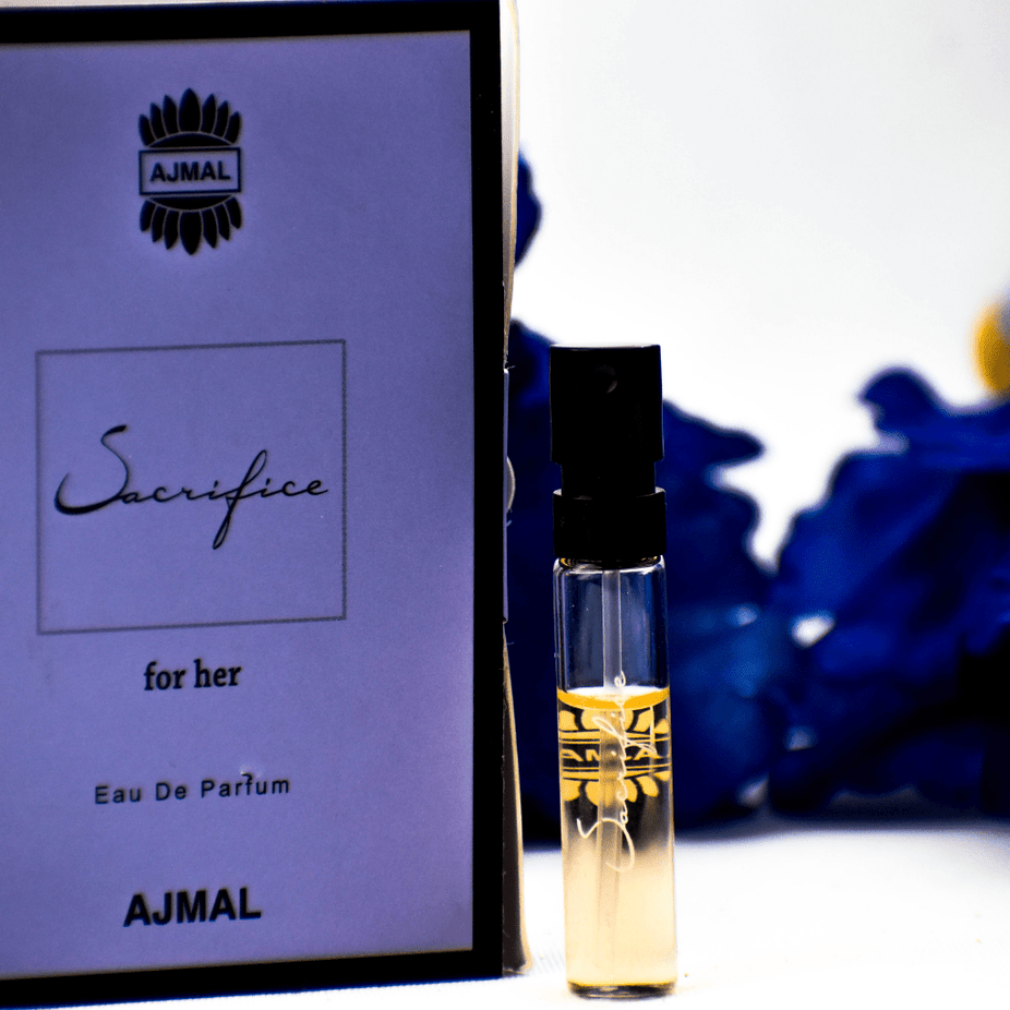Ajmal Sacrifice EDP sample for women, 1ml, showing the small fragrance vial with label and packaging details.