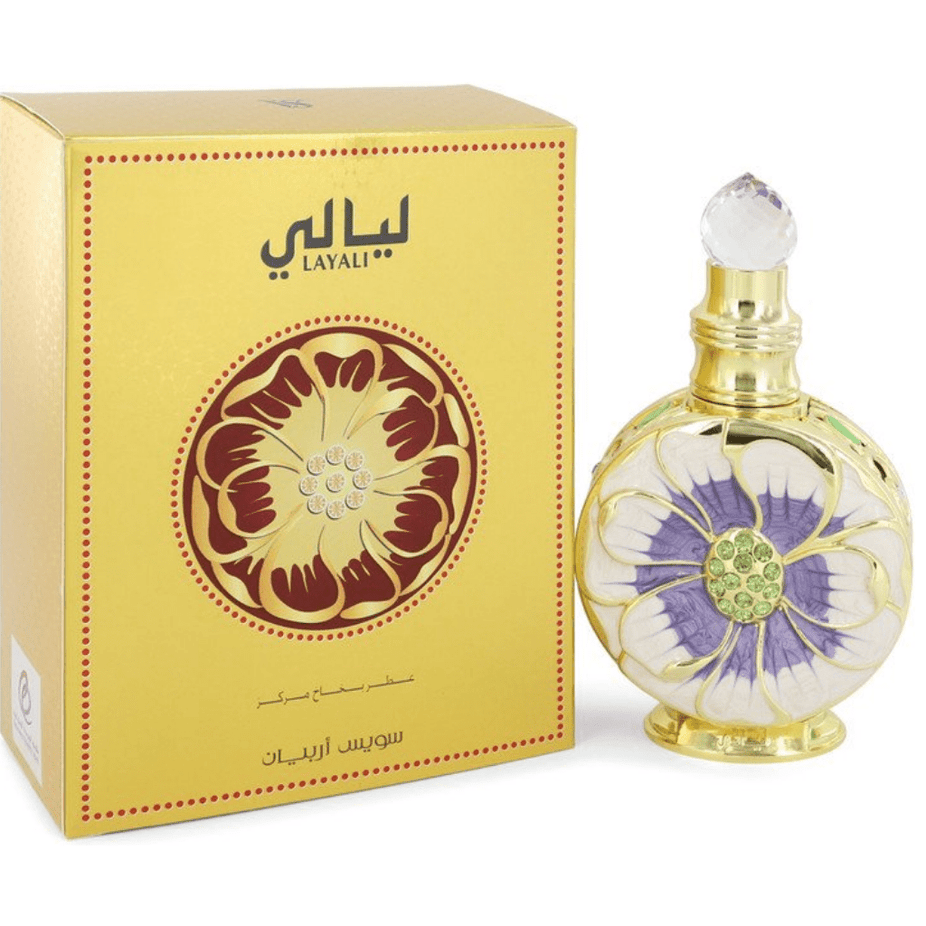 Swiss Arabian Layali 4-piece CPO perfume oil set featuring Yulali, Amaali, and Layali Rouge, displayed in small glass bottles.