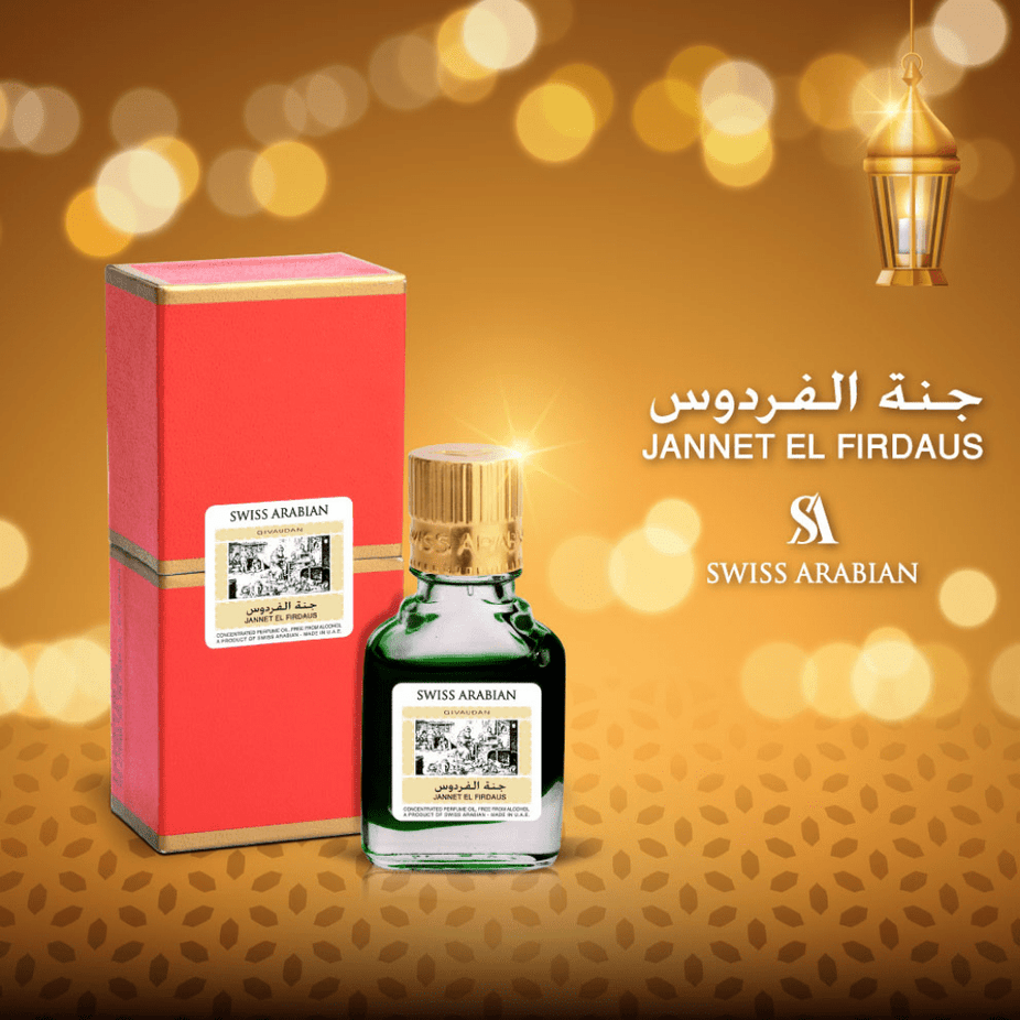 Swiss Arabian Jannet El Firdaus Red Perfume Oil 9ml bottle, concentrated perfume oil with elegant packaging.