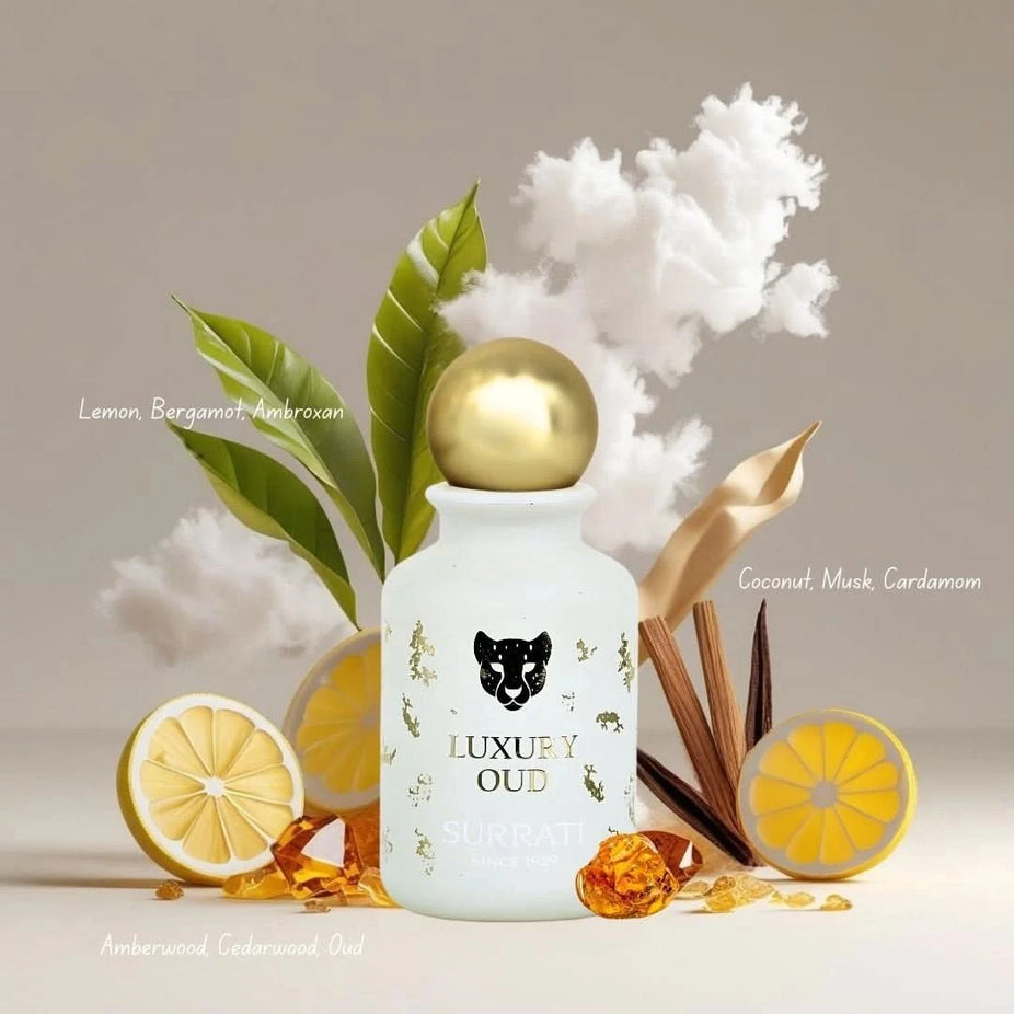 Surrati Luxury Oud Eau de Parfum spray 100ml bottle, elegant design, showcasing the luxurious fragrance.