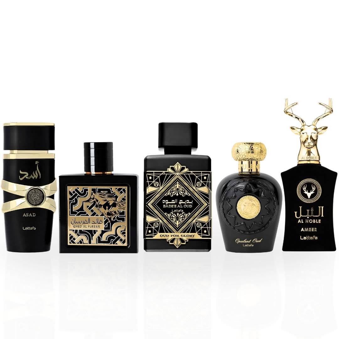 Set of five Lattafa Bold & Luxurious Collection Eau de Parfum sprays, 100ml bottles with decorative packaging.