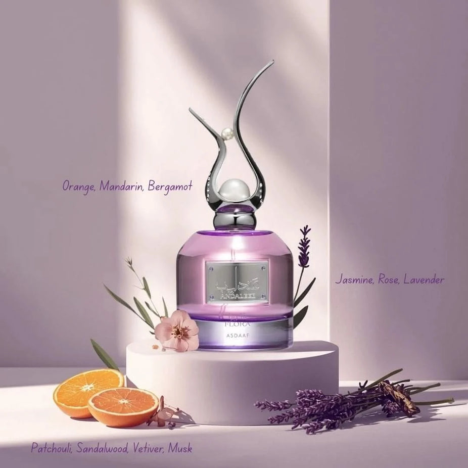 Andaleeb Flora Eau de Parfum spray by Asdaaf, 100ml bottle, elegant floral fragrance with a sleek design.