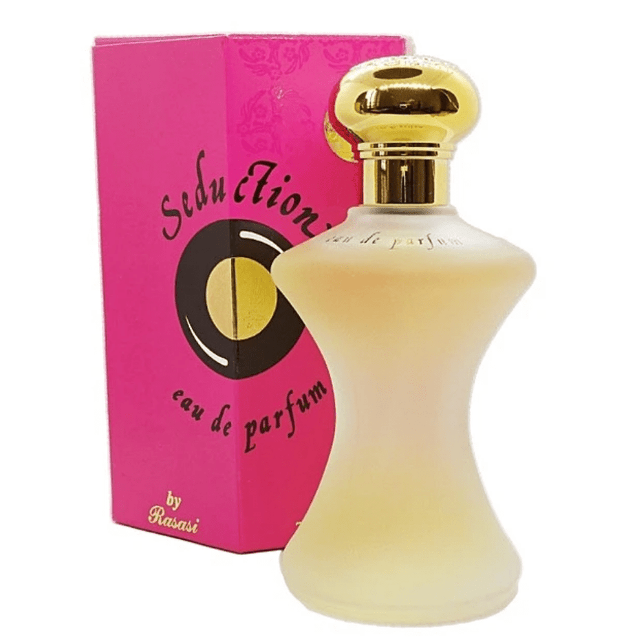 Rasasi Seduction for Women Eau De Parfum 60ML bottle with elegant packaging and fragrance details visible.