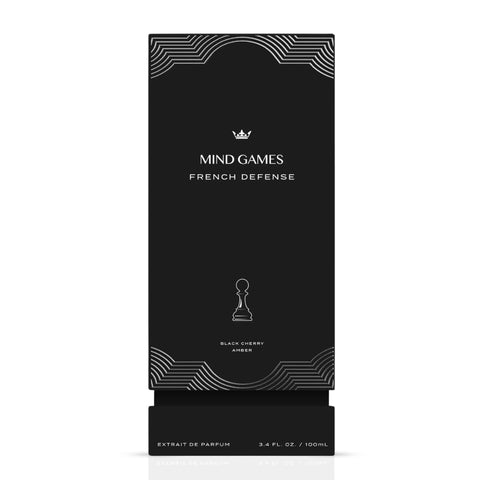French Defense Extrait de Parfum 100ml by Mind Games, elegant glass bottle of EDP with a sleek design and minimalist label.