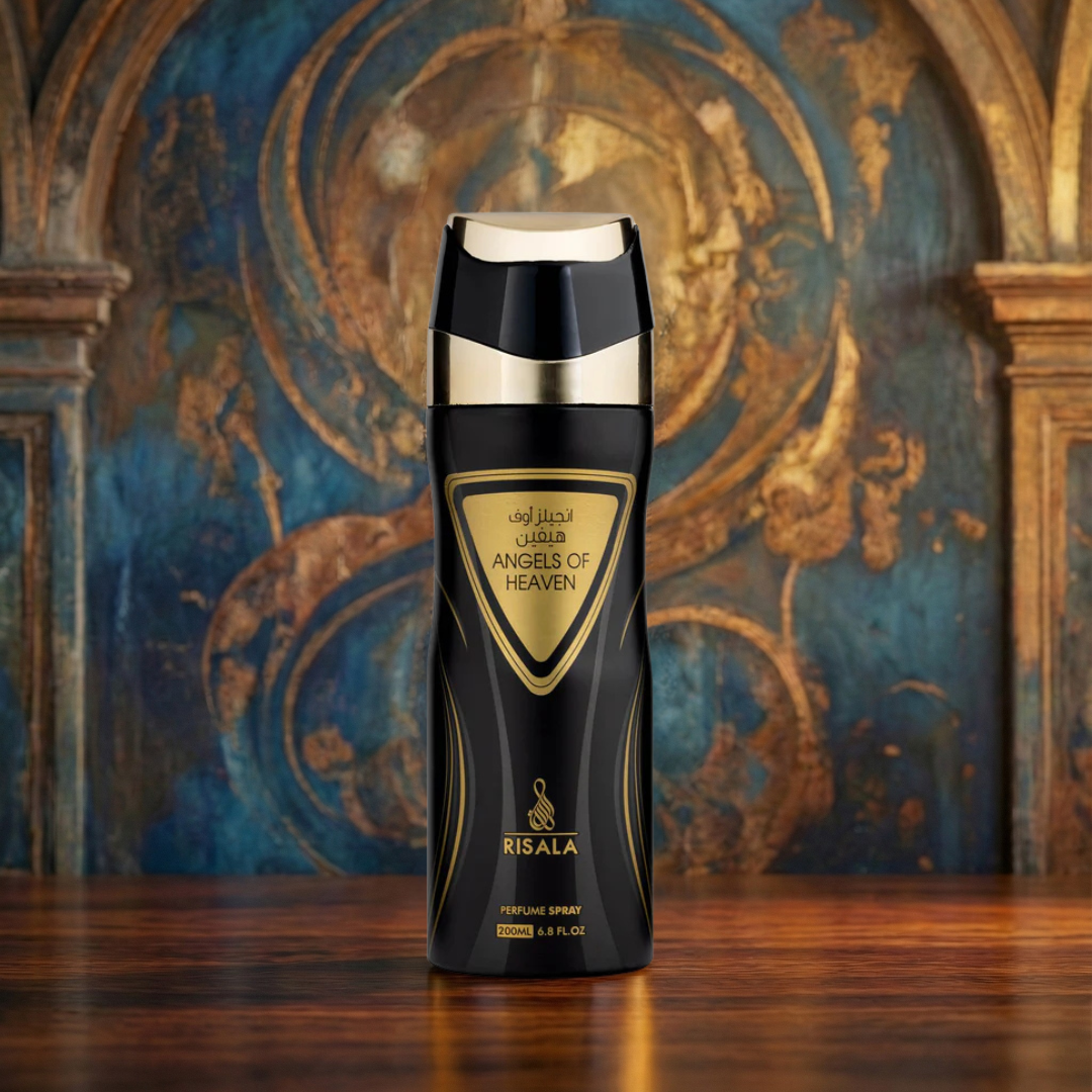 RISALA Angels of Heaven perfumed body spray 200ml deodorant bottle with elegant design and floral accents.